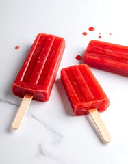 Refreshing frozen treats, vibrant red, resting on a marble surface