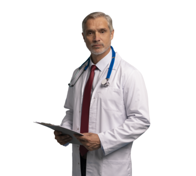Mature medical expert in white robe with stethoscope, smiling at camera, holding papers with notes, isolated on transparent background