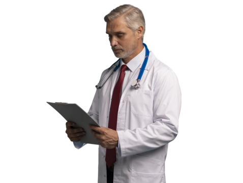 Mature medical expert in white robe with stethoscope, smiling at camera, holding papers with notes, isolated on transparent background