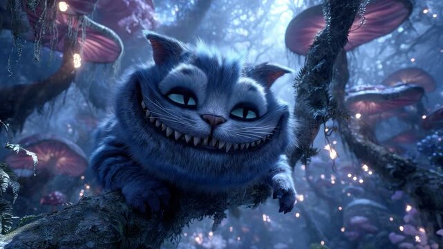 A blue, smiling cat with sharp teeth perched on a tree branch, with glowing mushrooms and lights