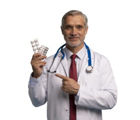 Cheerful mature male doctor holding pills in white lab coat with stethoscope, on transparent background
