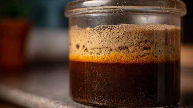This image captures a visually appealing jar of freshly brewed coffee with rich layers of foam, showcasing depth and texture for coffee enthusiasts and culinary art lovers.