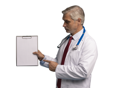 Mature medical expert in white robe with stethoscope, smiling at camera, holding papers with notes, isolated on transparent background