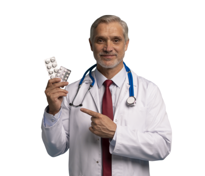 Cheerful mature male doctor holding pills in white lab coat with stethoscope, on transparent background
