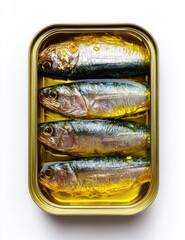 Metal can filled with four whole sardines in oil