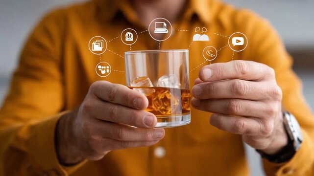 Whiskey with digital icon overlay: A person is seen holding a tumbler of whiskey, a drink that symbolizes sophistication, while a digital overlay floats around. 