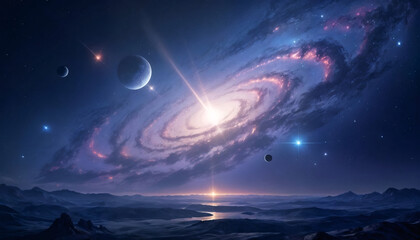 Experience the breathtaking beauty of a vibrant galaxy rising above a serene mountain landscape, inspiring awe and wonder with its cosmic grandeur