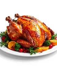 Roasted poultry on a platter, garnished with herbs and oranges