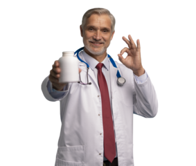 Cheerful mature male doctor holding bottle of pills in white lab coat with stethoscope, on transparent background