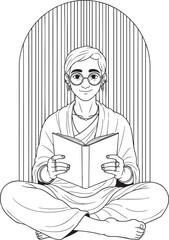 Black and white line art of a serene person with glasses reading a book while sitting crosslegged.