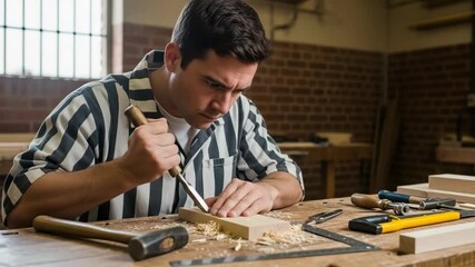 A focused carpenter working with a chisel in his workshop. Skilled craftsman carving a block of wood at a workbench. Manual labor and traditional craftsmanship concept - Powered by Adobe
