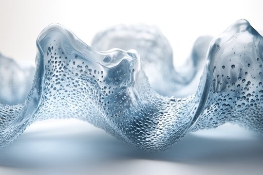 Abstract wavy blue translucent material adorned with countless tiny bubbles against a bright background, suggesting freshness or scientific elements.