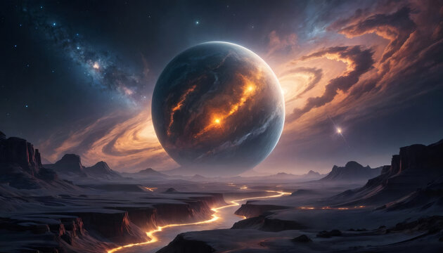 Stunning planet rising over a majestic canyon landscape with glowing river, perfect for inspiring cosmic adventures and futuristic world-building concepts