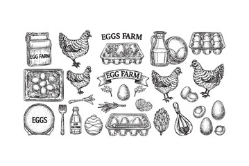 Farm Products Set, Rooster, Chicken Coop, Eggs, Vegetables, and Hand Harvesting in a Vintage Style © trianatio