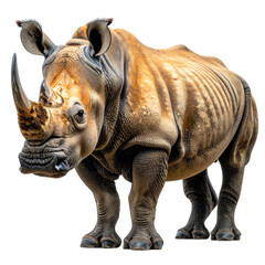Fototapeta premium Majestic rhino portrait, side view, large horn, textured skin, isolated on black