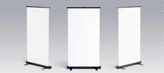 Blank roll up banner mockup displays with retractable stands for presentation and advertising materials. White vertical screens on transparent bg. Portable exhibition signage and trade show equipment. © klyaksun