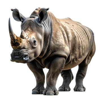 Majestic rhino with large horn, grey skin, side profile. Isolated on black background