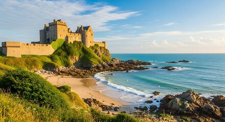 Dramatic Dunstanburgh Castle on Northumberland Coast, England.
