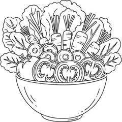 Handdrawn black and white line art of a fresh vegetable salad bowl with tomatoes carrots and lettuce.