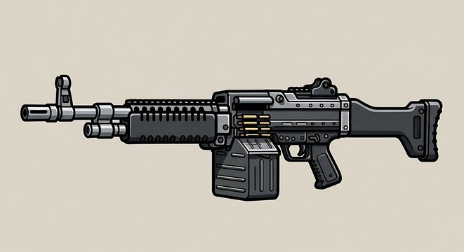 Stylized M249 Light Machine Gun Illustration with Tactical Attachments.