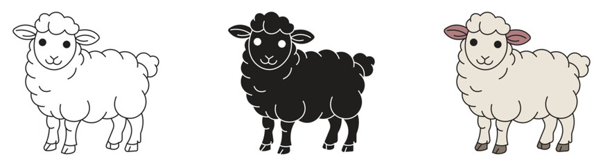 Sheep icon set, fluffy lamb symbol on white background . Vector illustration .