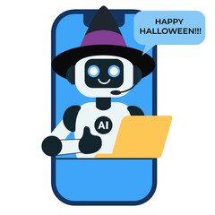 Friendly AI robot wearing a witch hat and working on a laptop inside a smartphone frame. The robot is showing a thumbs up gesture. Perfect for festive technology, chatbot services, customer support