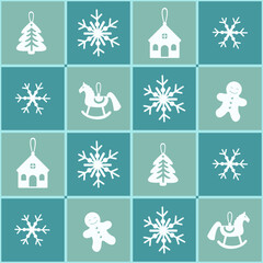 Seamless pattern with Christmas icons, snowflakes, tree, fir trees, houses and gingerbread cookies. Background for gift wrapping, fabric and holiday stationery, greeting cards