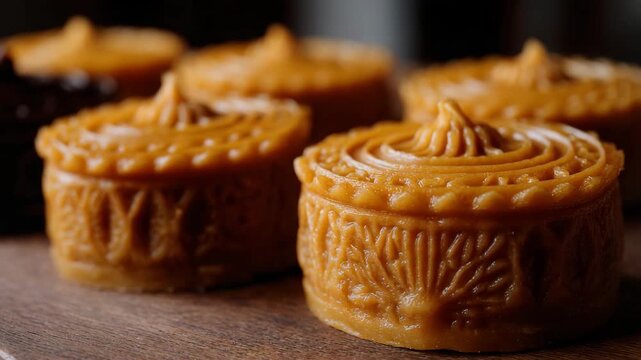 Delicious golden mooncakes with ornate patterns sit invitingly on a wooden platter, embodying the festive spirit and culinary artistry of traditional Asian celebrations.
