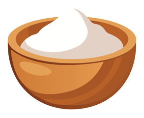 A wooden bowl filled with a white creamy substance or topping
