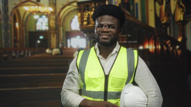Man holding hard hat and smiling in church building, wearing high visibility safety vest and glasses; duty faith.