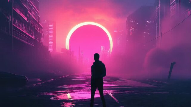 Solo man standing on cyberpunk urban street