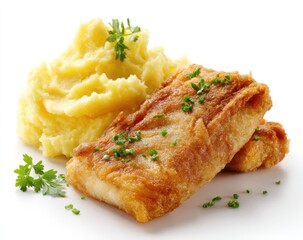 Crispy fried fish fillets served with creamy mashed potatoes
