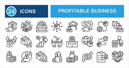 Profitable business line icon set with editable stroke, featuring strategy, revenue, advantage, margin, supply, sustainability, and product in clean thin linear illustration style.