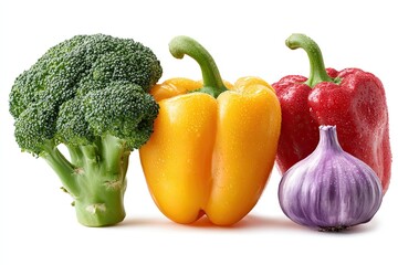 Fresh broccoli, yellow bell pepper, red bell pepper, and purple garlic