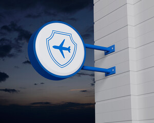 Airplane with shield flat icon on hanging blue rounded signboard over sunset sky, Business travel insurance and safety concept, 3D rendering