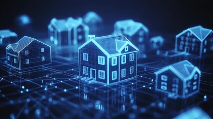 Wireframe houses connecting on digital network showing smart real estate - Powered by Adobe