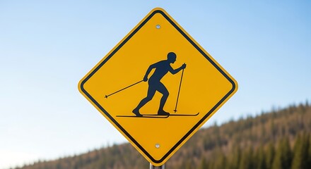 Cross-country skiing warning sign on a yellow diamond with blue sky.