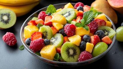 Vibrant Fruit Salad in a Glass Bowl: Kiwi, Strawberries, Mango, Raspberries, Blueberries, and Grapes on a Dark Background for a Healthy and Delicious Treat
