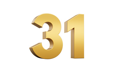 Obraz premium 3D Golden number 31 Thirty one with a shiny metallic finish and sharp edges, 3d illustration
