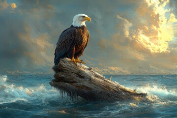 A majestic bald eagle perches on ocean driftwood amidst crashing waves, illuminated by a dramatic, fiery sky. Power and wild beauty.
