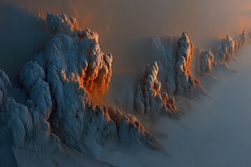 Impressive, layered, rocky, mountainscape with orange light