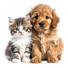 Adorable kitten & puppy sit together, looking at camera