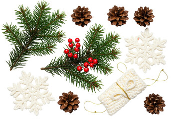Isolated Christmas Decorations, Pine Branches, Cones, Berries and Knitted Snowflake Ornament