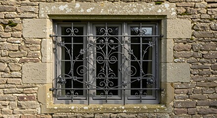 Ornate Window Grille on Stone Building - Architectural Detail.