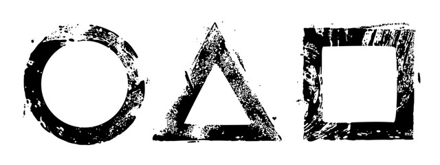 Illustration with hand drawn strokes of paint. Forms of a circle, a triangle and a square. Artistic design elements isolated on a white background.