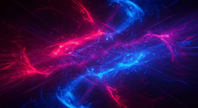 深遠な宇宙空間を思わせる漆黒の深い闇を漂う鮮烈な赤と深みのある青の光の脈動がデジタルアートのように複雑に絡み合い渦を巻きながら激しく煌めく幻想的なエネルギッシュな抽象背景無限の輝きを放つ. AI Generated