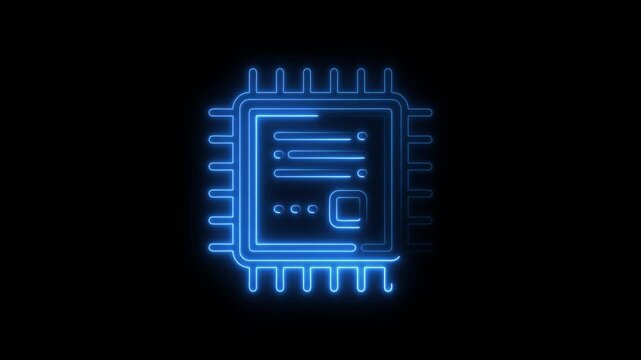Glowing blue neon circuit board chip icon animation on black background digital technology concept