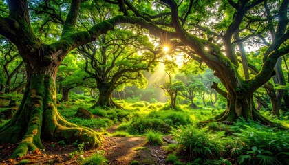 Naklejka premium Lush Green Forest with Sunlight Streaming Through Trees in the Background
