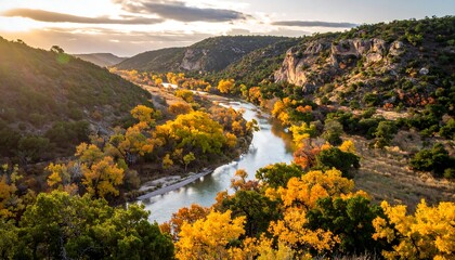 Scenic vista captures a river winding through a canyon, flanked by lush foliage in warm autumnal colors. The sun sets illuminating the landscape