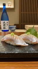 Exquisite Sushi Nigiri with Sake - A Culinary Delight.